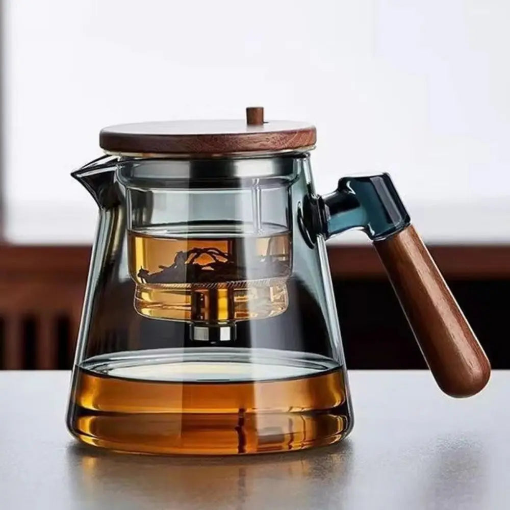 Creative Magic Glass Teapot Heat Resistant Large Capacity Lazy Kungfu Drip Teapot with Wooden Handle Tea Water Separation